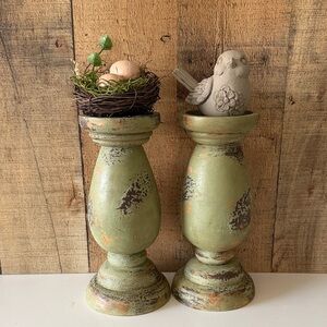 Rustic Green Candle Holders with a Bird & Birds Nest